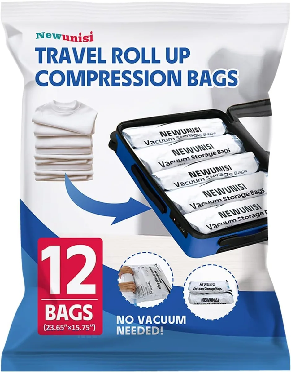 Twelve small grey vacuum storage bags, rolled flat, double-zip seal visible