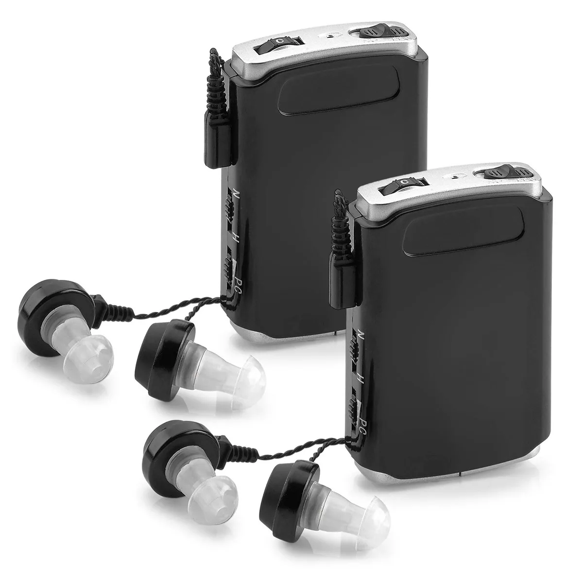 Two pocket-sized amplifiers with earphones, USB cables, plug adapters and multiple ear domes