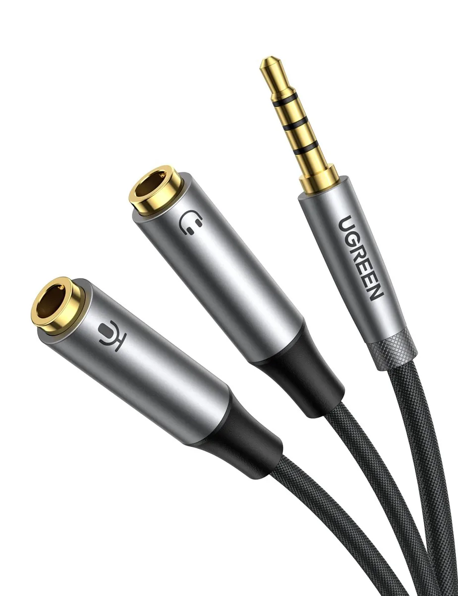 Grey braided Y-splitter cable with 3.5mm TRRS male plug and two TRS female ports