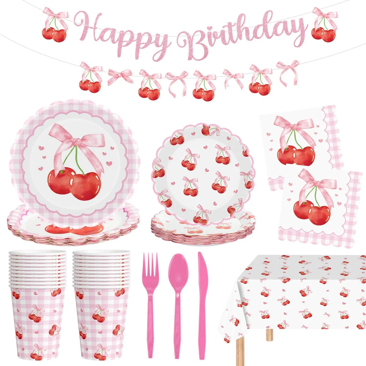 A flat-lay of pink and white cherry-themed party supplies including plates, cups, napkins, cutlery, banner and tablecloth