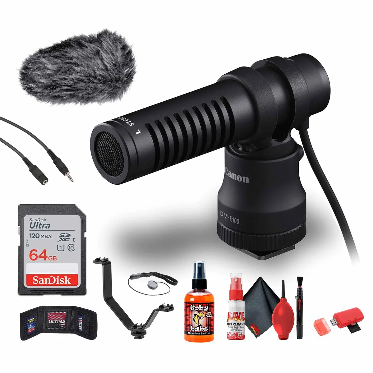 Black Canon DM-E100 directional microphone on shoe bracket with 64GB card and accessories