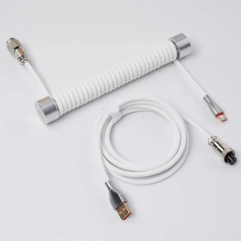 White coiled aviator USB cable with 30cm coil, 150cm straight section, 180cm total length