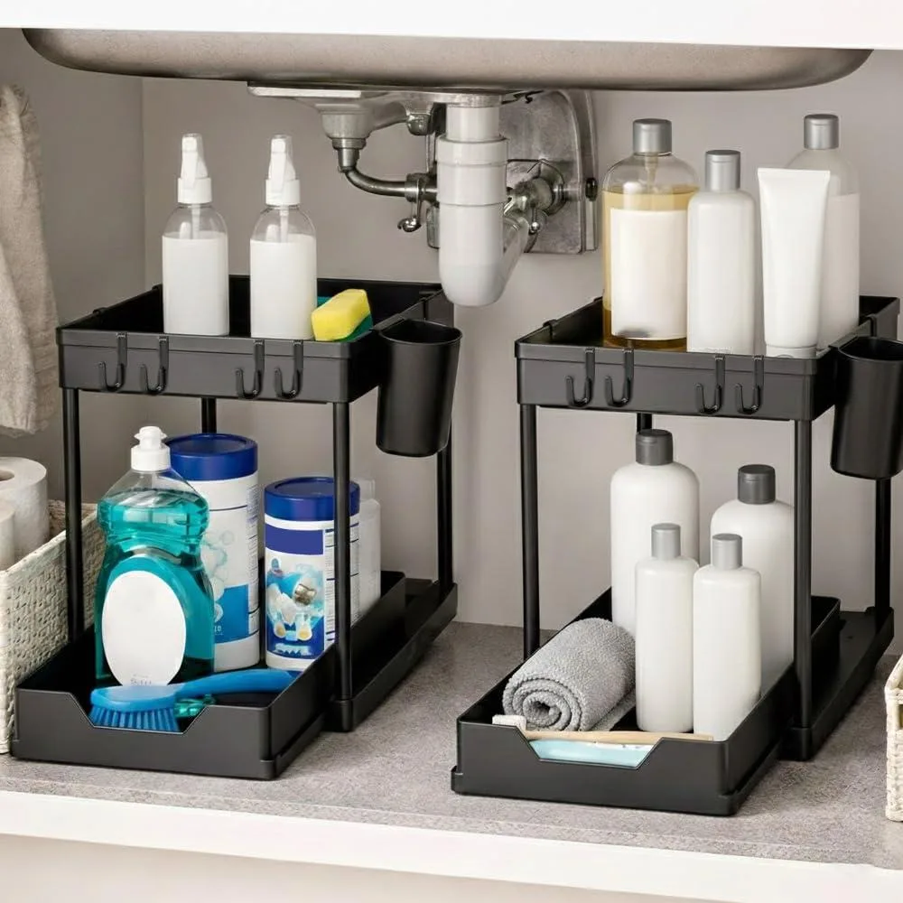 Black two-tier under-sink organizer with sliding drawer, 10.3in height, two pack