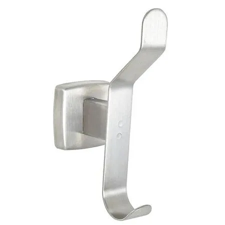 Single stainless steel hook with two satin-finished prongs and screw-mount base