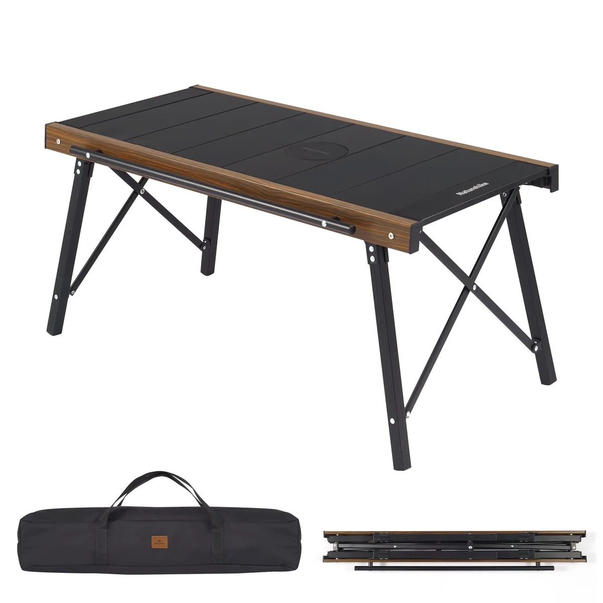 Black aluminium folding camping table with three modular units and hanging rod, packed flat