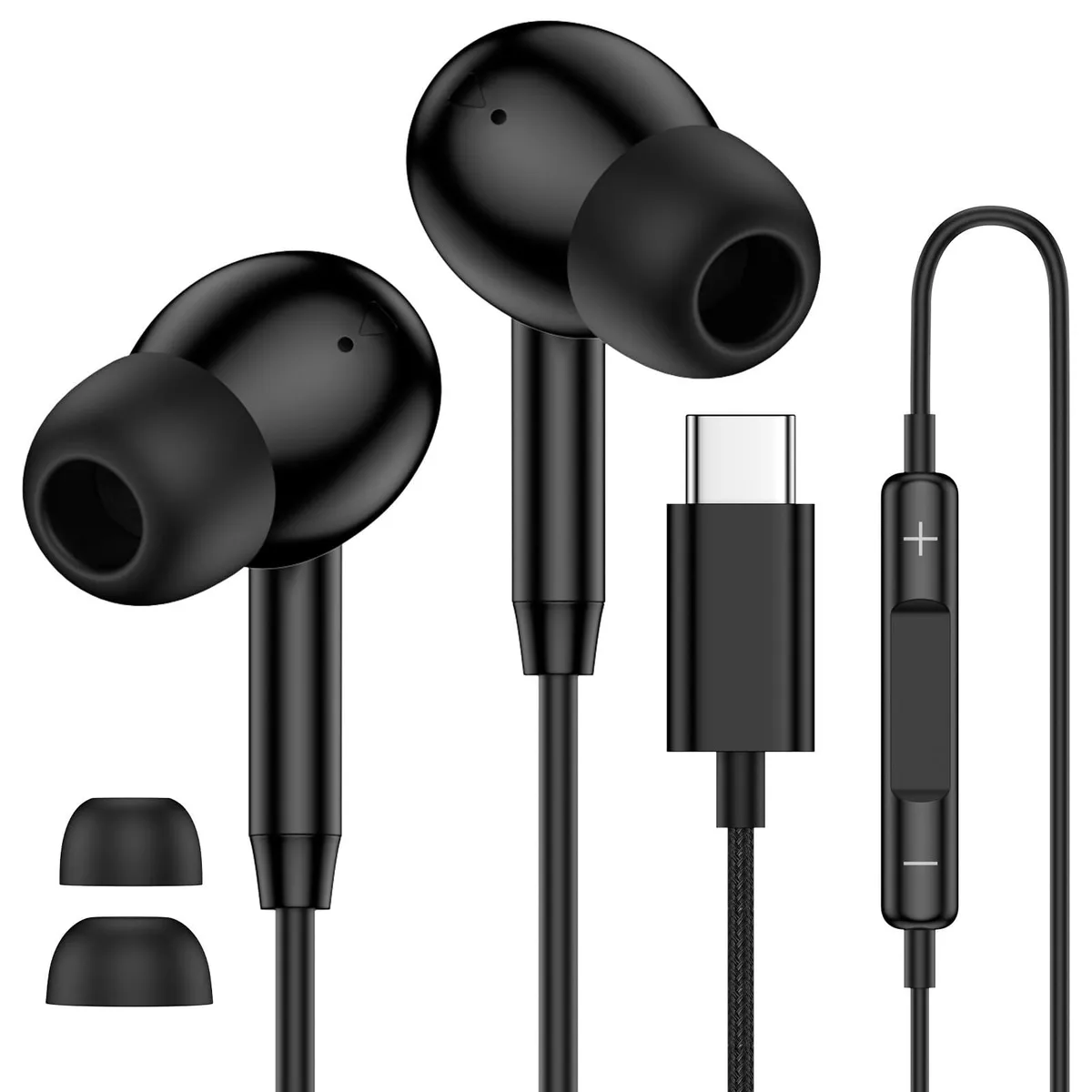 Black in-ear USB-C wired earbuds with braided cable and inline controls