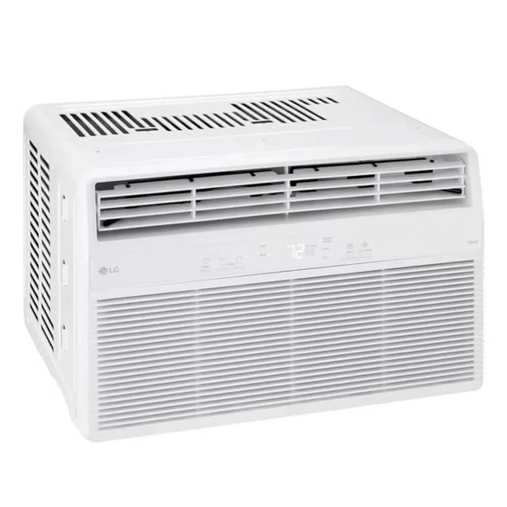 White rectangular window air conditioner with front grille and control panel