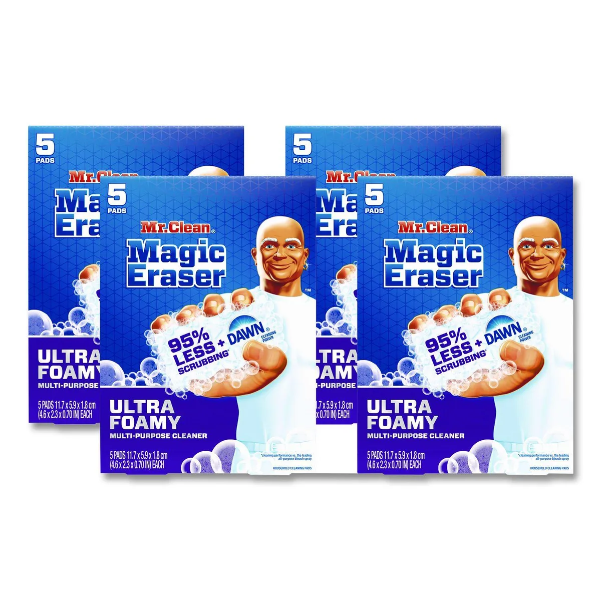 Five white rectangular foam cleaning sponges in a pack