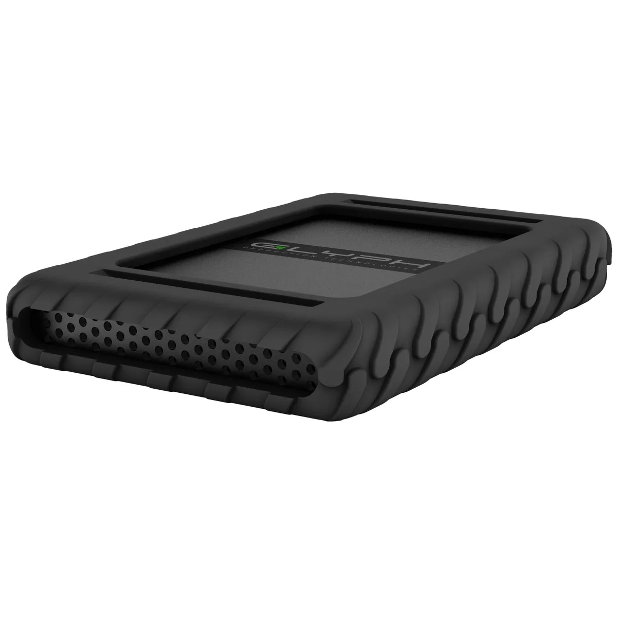 Rectangular black aluminium drive with textured silicone edges and a USB-C port