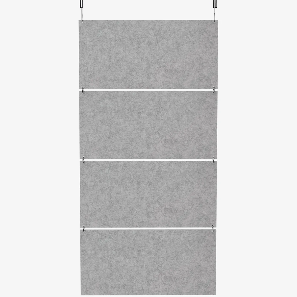 Four light gray rectangular acoustic panels hanging vertically from ceiling cables, each panel 45.3 wide by 23.6 high