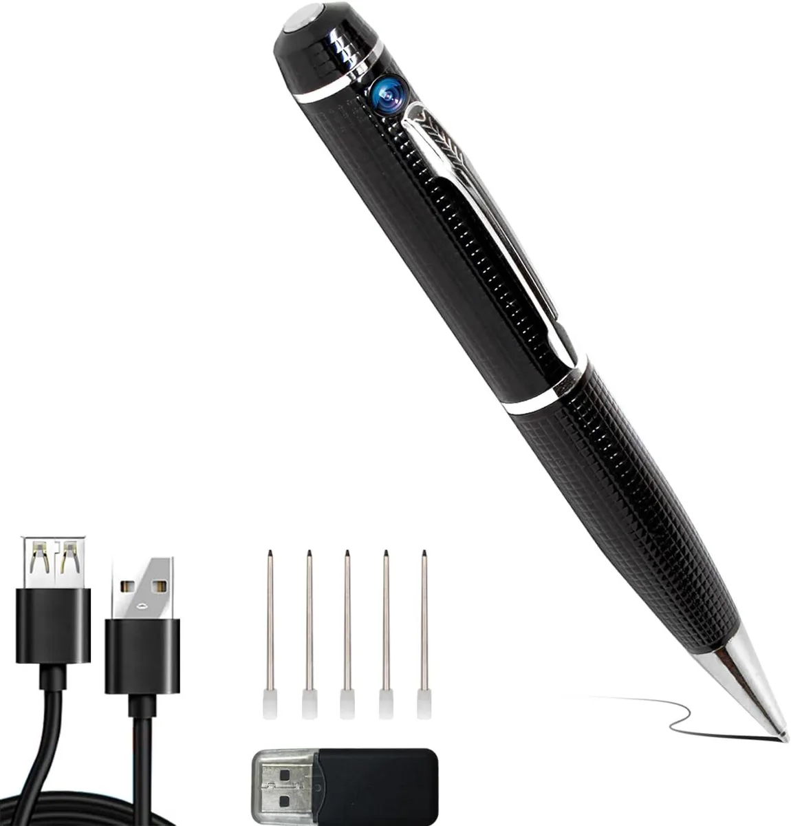 Metallic pen with rubber grip, pocket clip, blue LED, hidden camera lens