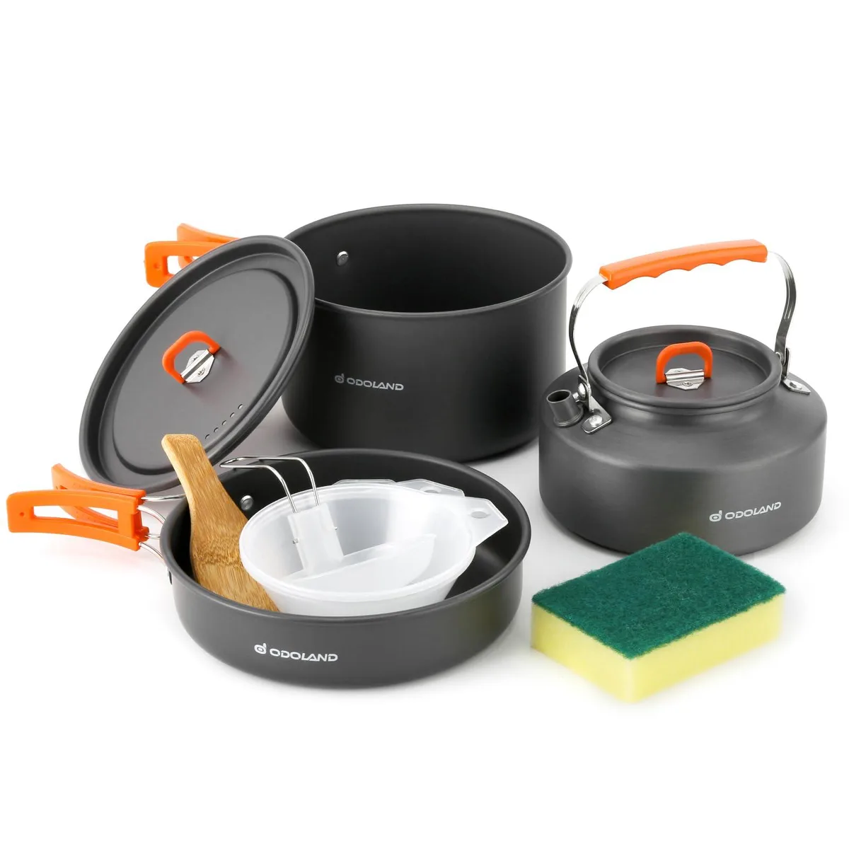 Black anodized aluminium camping cookware set with pot, fry pan, kettle, bowls and mesh bag