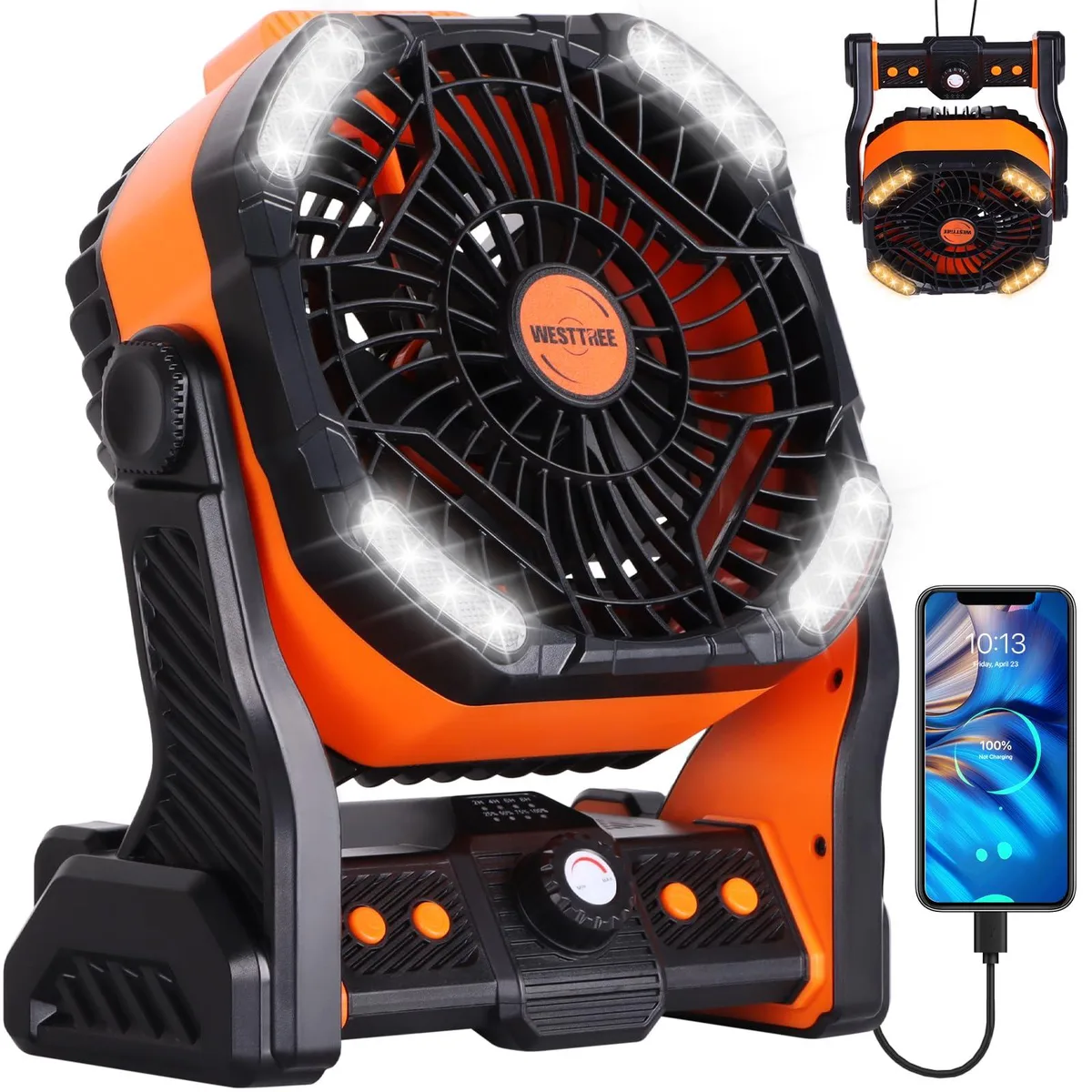 Orange portable fan with double blades, integrated light, hook and hand-painted ABS finish