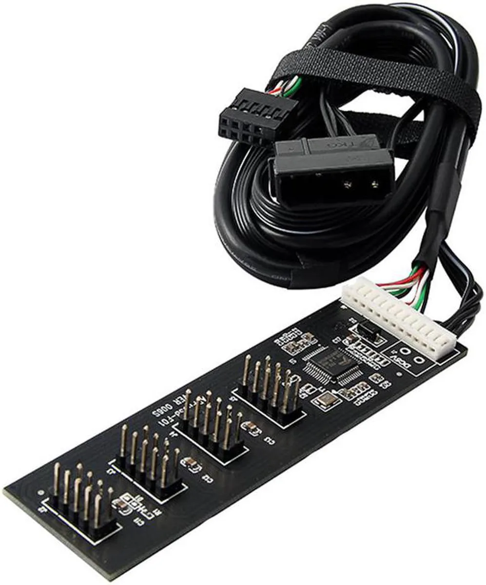 Black rectangular USB 2.0 hub with four 9-pin headers and Molex power connector
