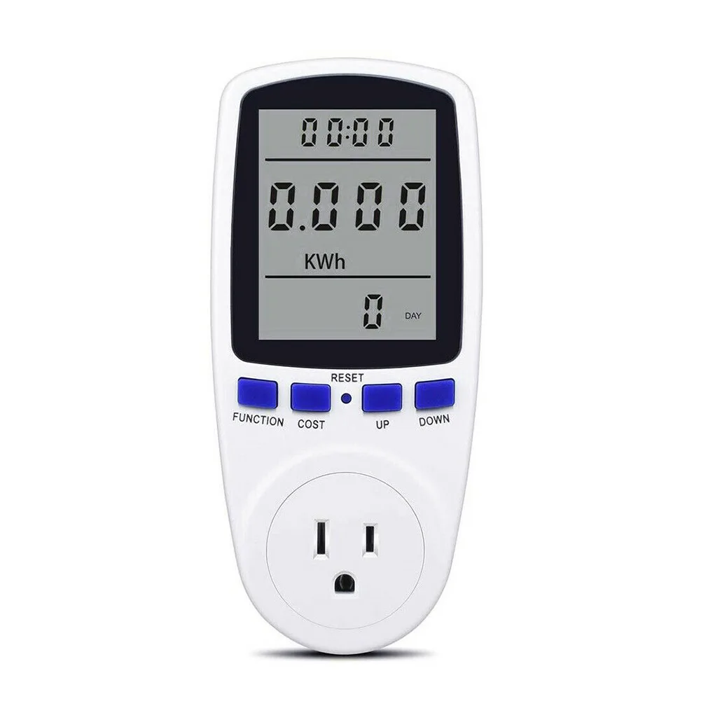 White rectangular digital power meter with US plug prongs and a 45 by 70 mm LCD screen