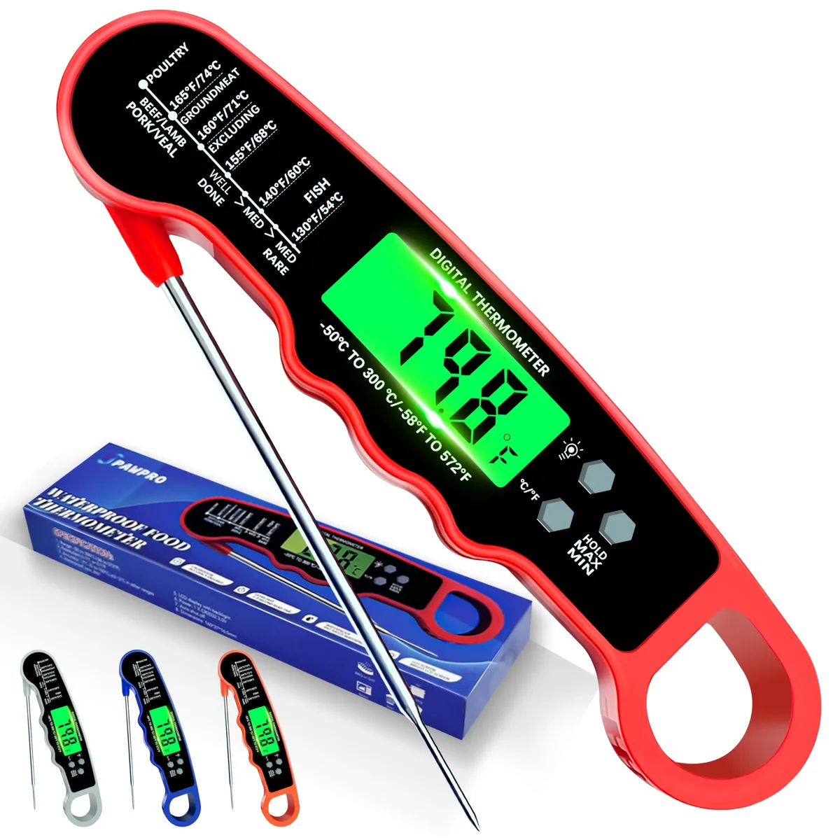 Red digital thermometer with folding probe, LED backlit display, magnet and hanging hole