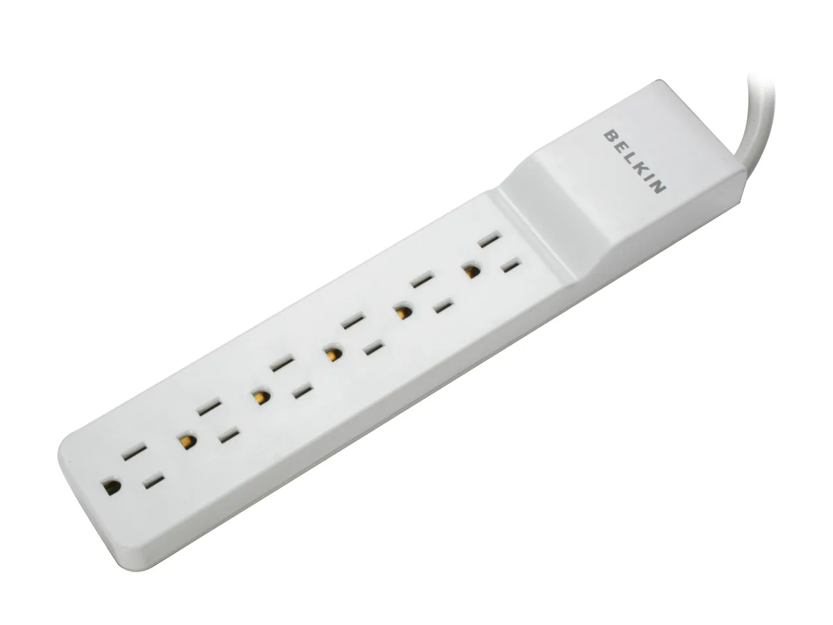 White rectangular surge protector with six outlets and a four-foot cord