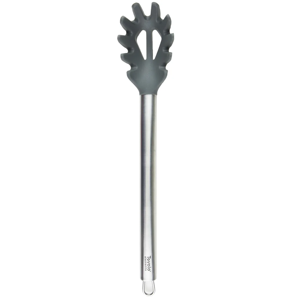 Charcoal grey silicone pasta claw with stainless steel handle and hanging loop