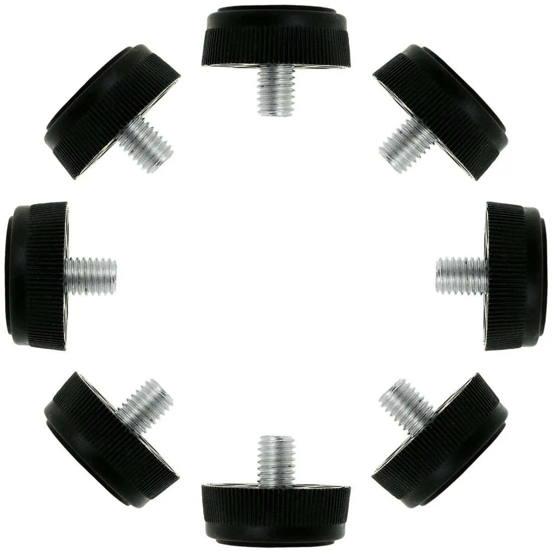 Eight silver threaded leveling feet with black plastic bases