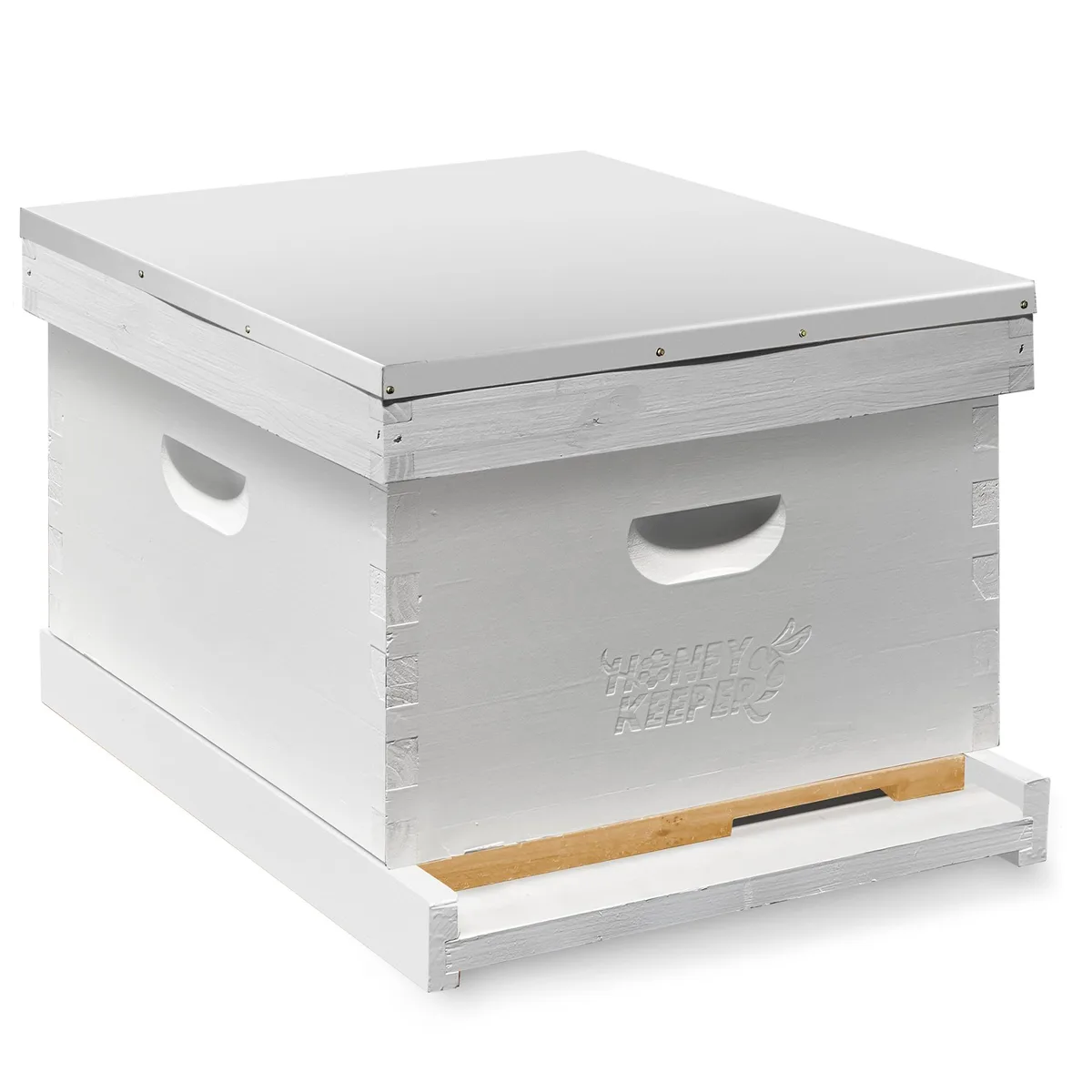 White painted wooden beehive kit with telescoping cover and ten frames