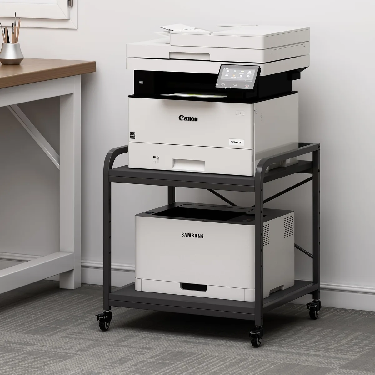  2 Tier Printer Stand 20in Deep Adjustable Shelf Black — product photo