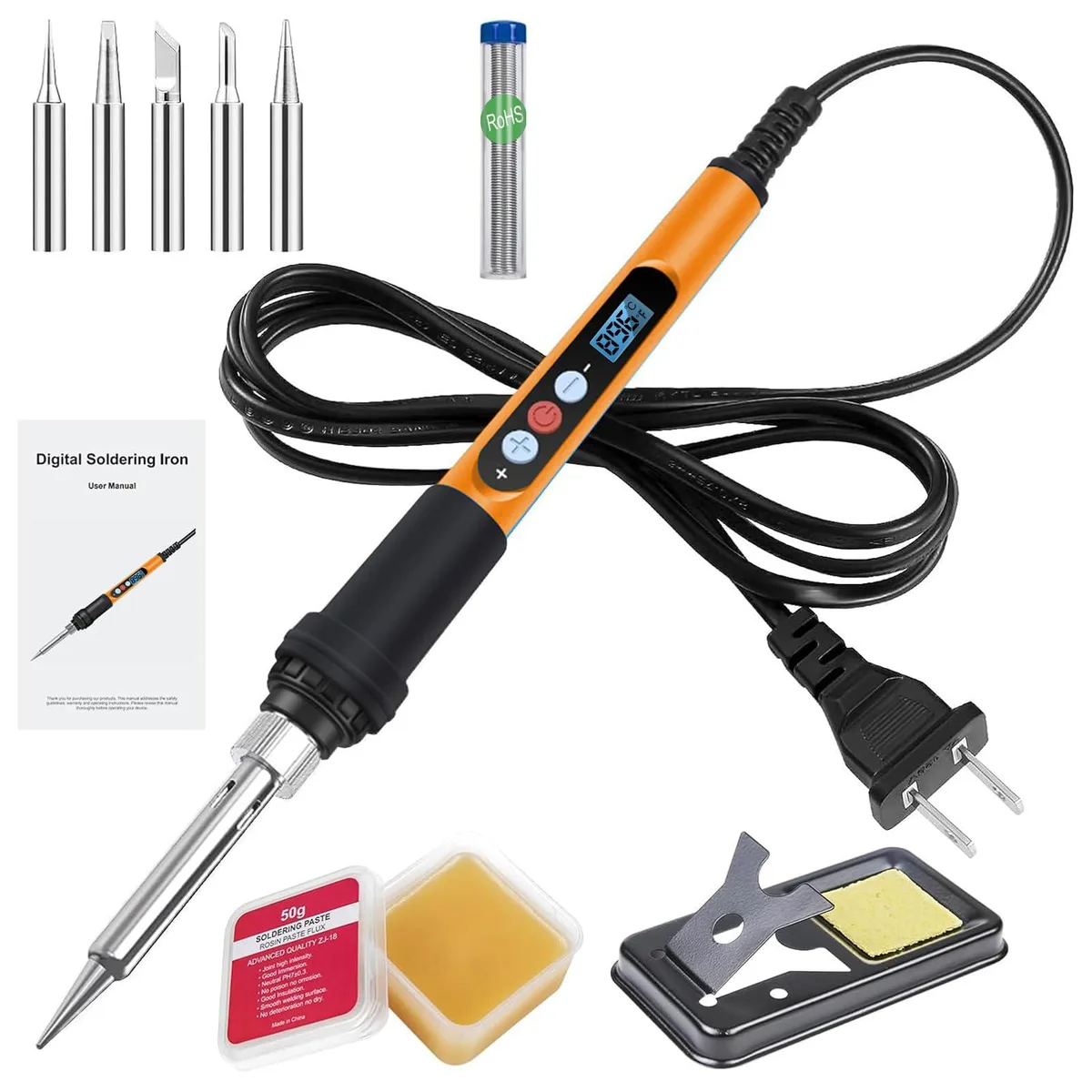 Blue digital soldering iron with LCD screen, ceramic heater, ergonomic grip, stand, tips, flux, solder wire, cleaning sponge