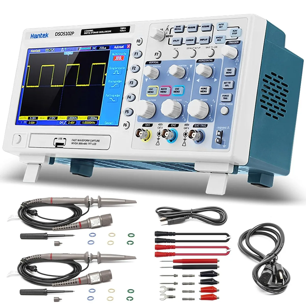 A white rectangular oscilloscope with a 7.0-inch colour screen, two BNC channels, USB ports and a folding handle