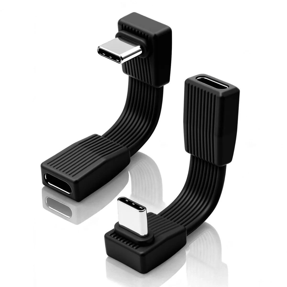 Two short black USB-C cables with right-angle connectors lying side by side