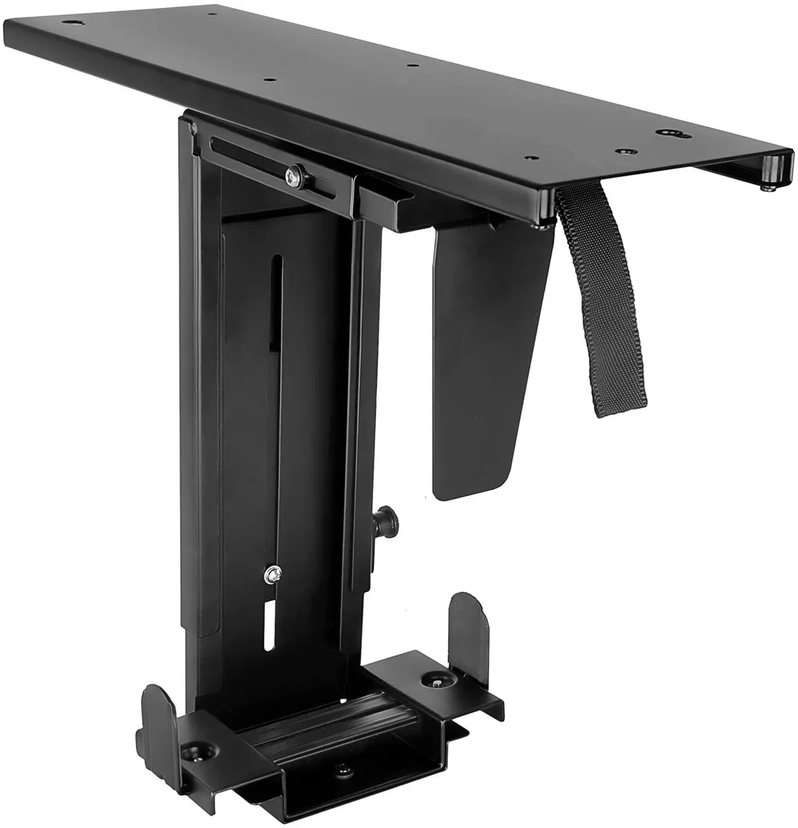 Black powder-coated steel CPU holder with sliding track and swivel bracket, shown mounted under a desk