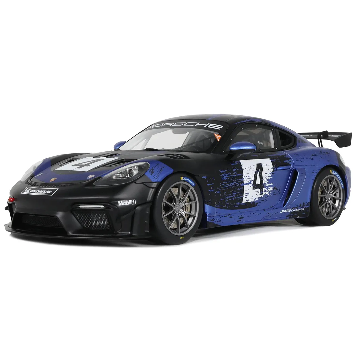 OttOmobile OttOmobile 2021 Porsche Cayman 718 GT4 RS Clubsport #4 Black Blue Limited Edition 1/18 Hobby Collectible — product photo