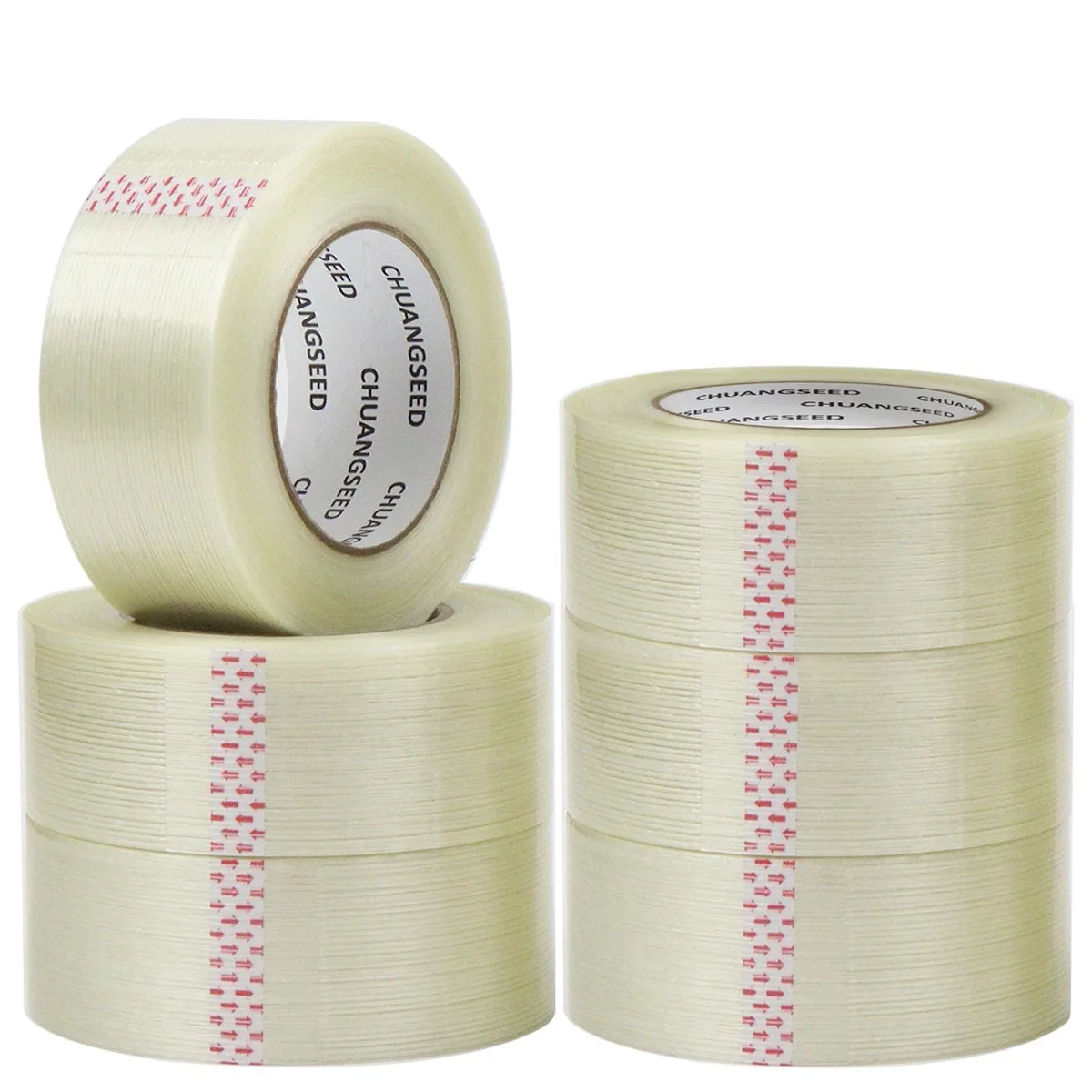 Six rolls of transparent fiberglass strapping tape on a table