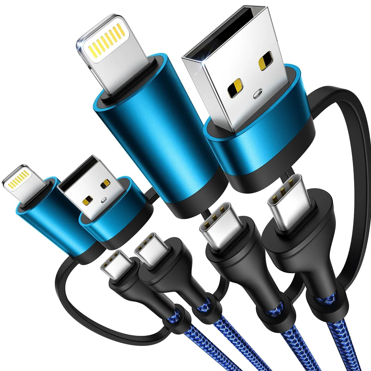 Orange 4-in-1 braided charging cable with USB-C, USB-A and Lightning connectors
