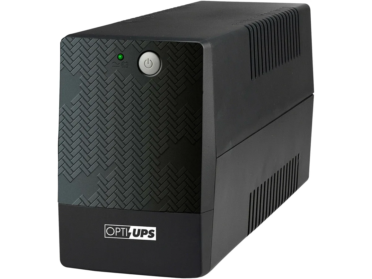 Rectangular black UPS unit, compact tower shape, four outlets on rear, USB port visible