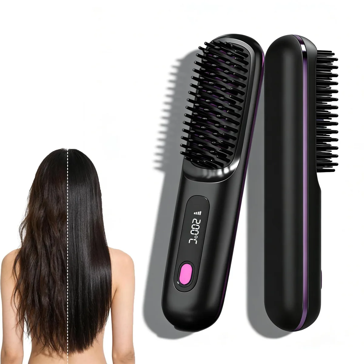 Black cordless straightening brush with LCD display and ceramic bristles