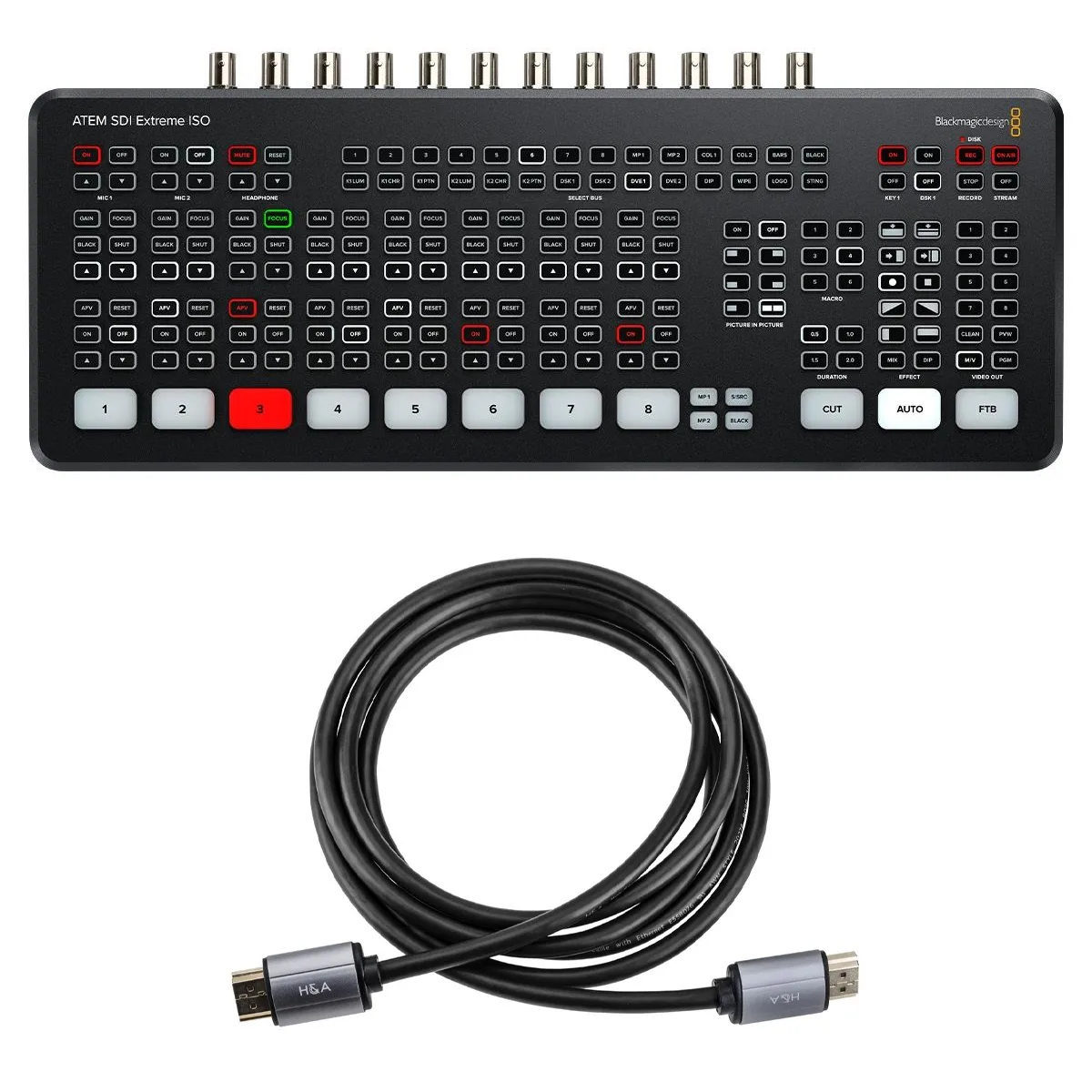 Blackmagic Design ATEM SDI Extreme ISO live production switcher, compact metal chassis, front panel buttons and LCD, rear SDI ports