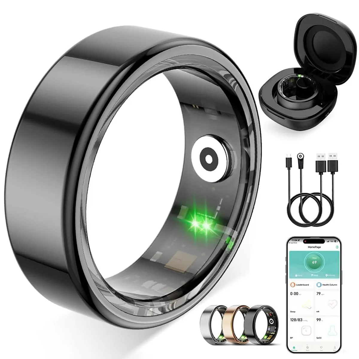 Black smart ring with smooth curved band