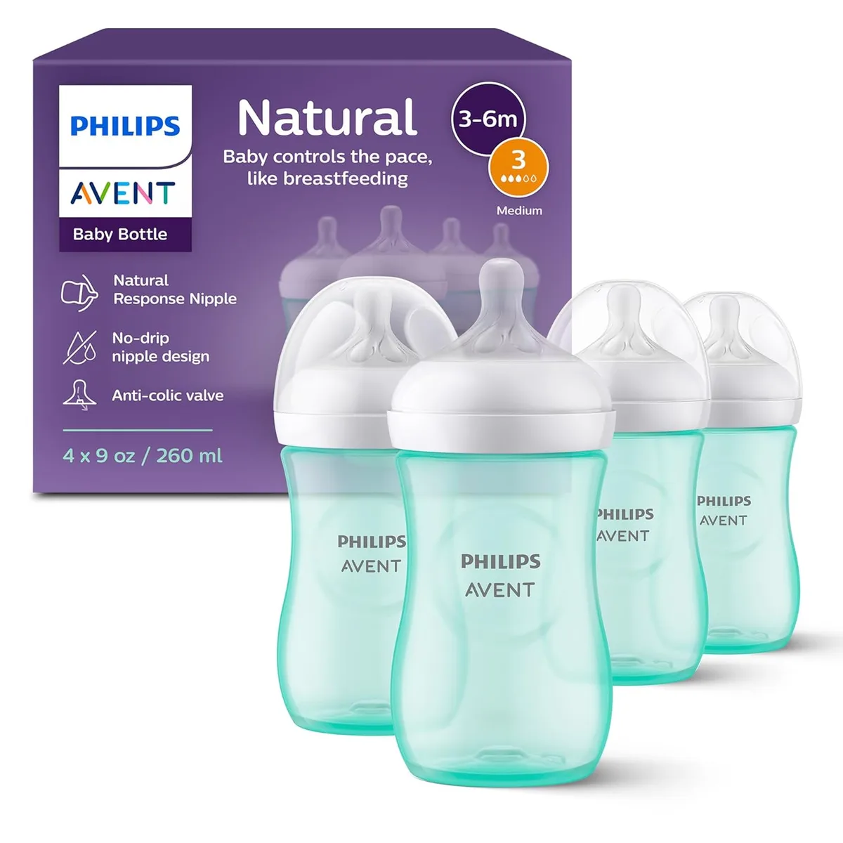 Avent Avent SCY903/44 Natural Response Bottle Feeding 4pk 9oz Teal — product photo