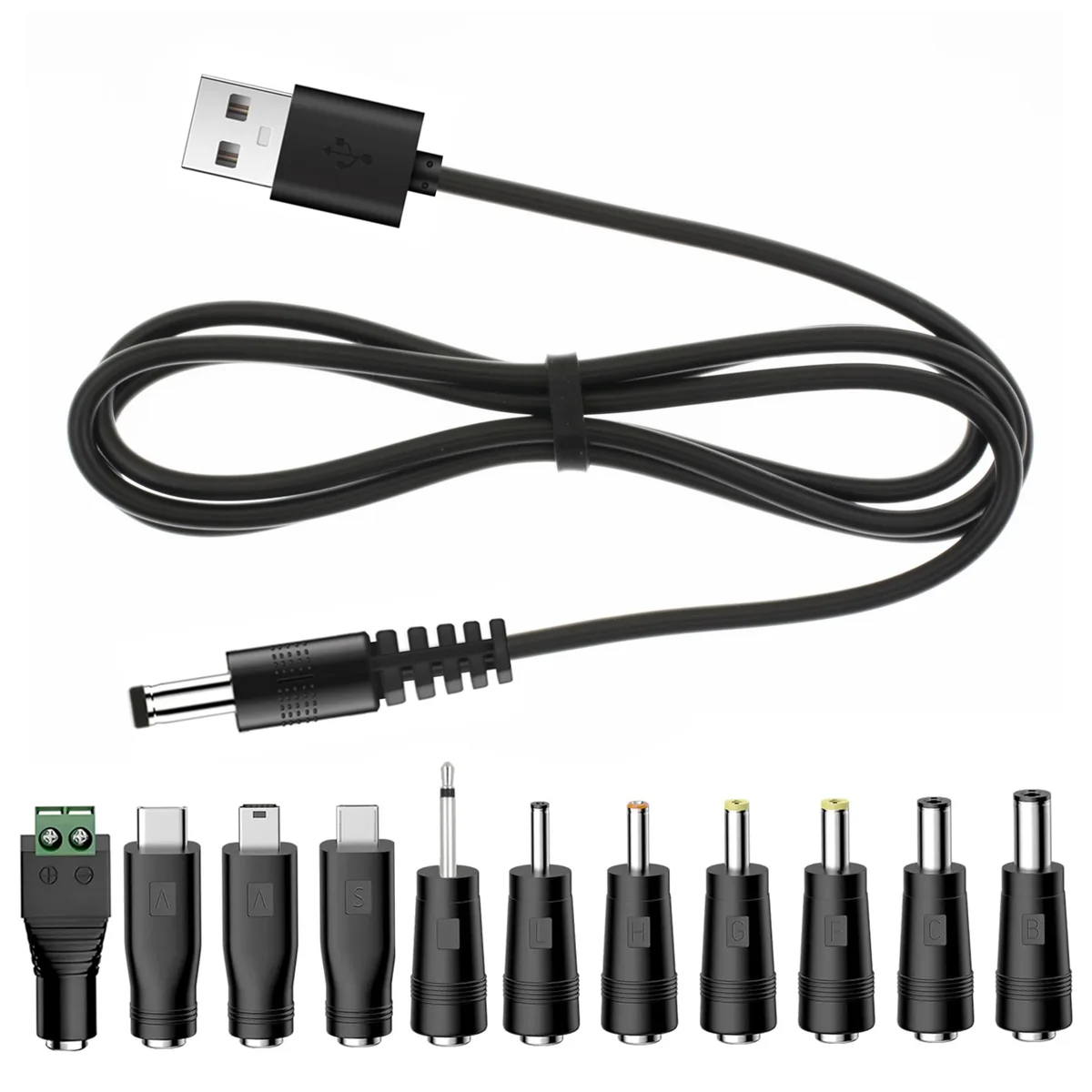  YiKaiEn Universal USB to DC 5.5x2.1mm Charging Cable 11 Connectors 3.3FT — product photo