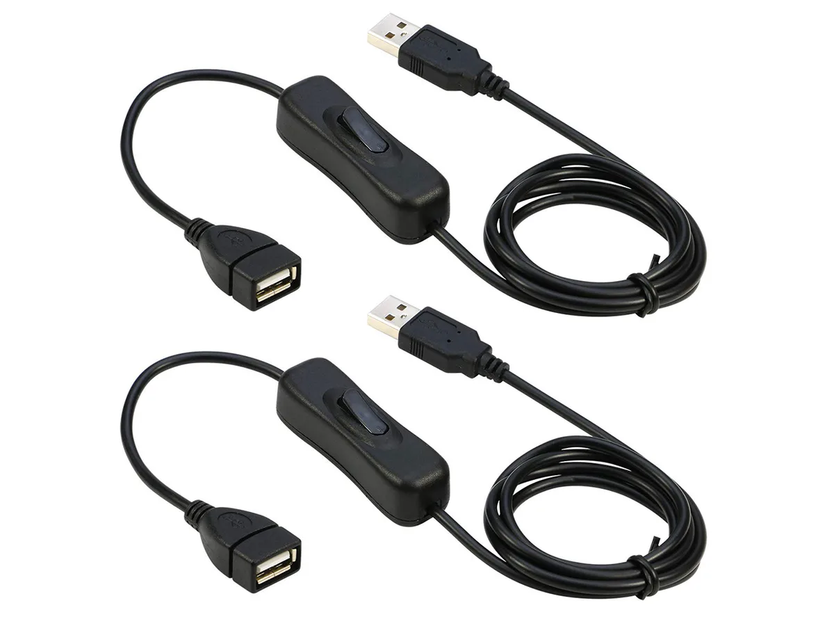 Two black USB 2.0 extension cables with inline on/off switches, 3 ft each