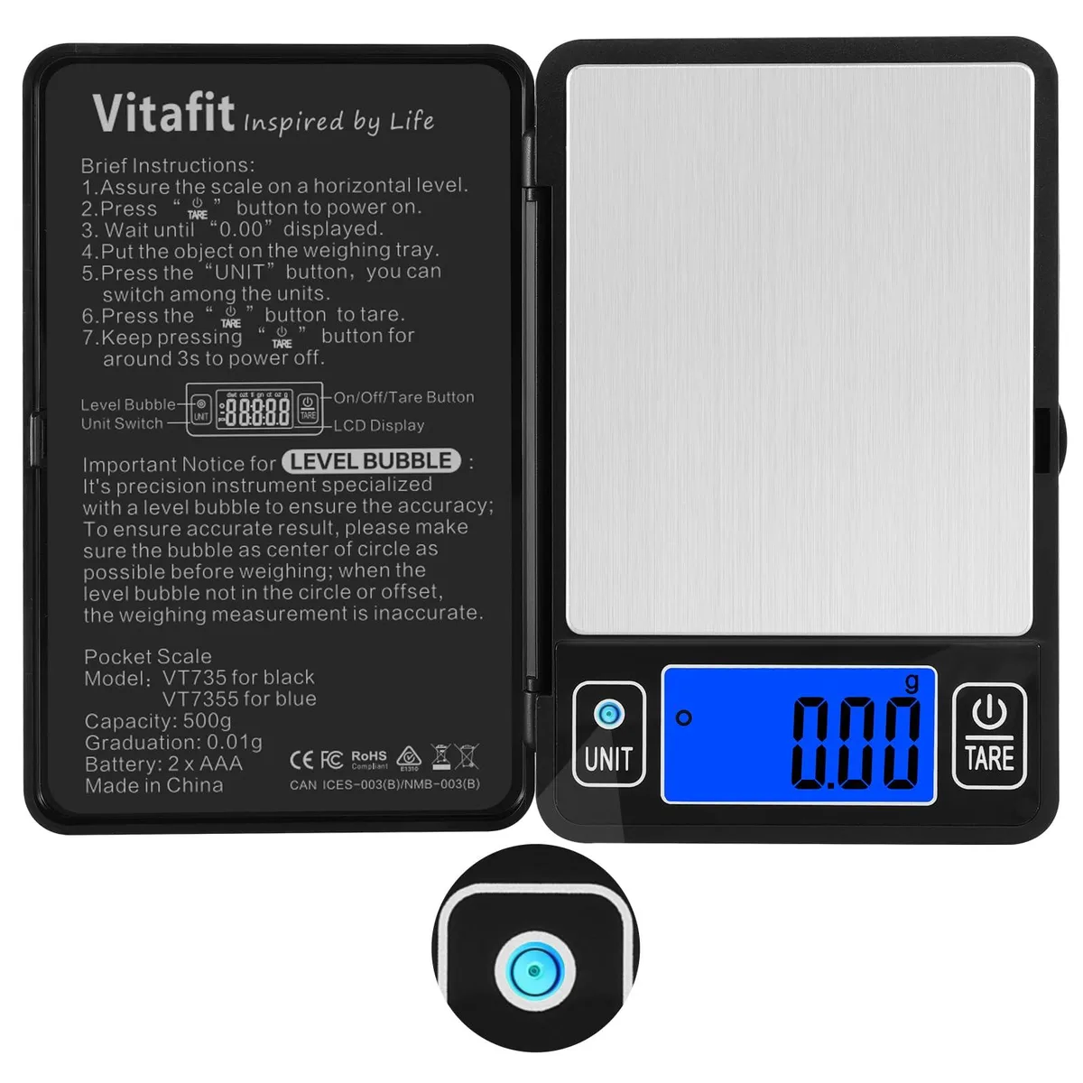 Black pocket scale with stainless tray, built-in level bubble and backlit display