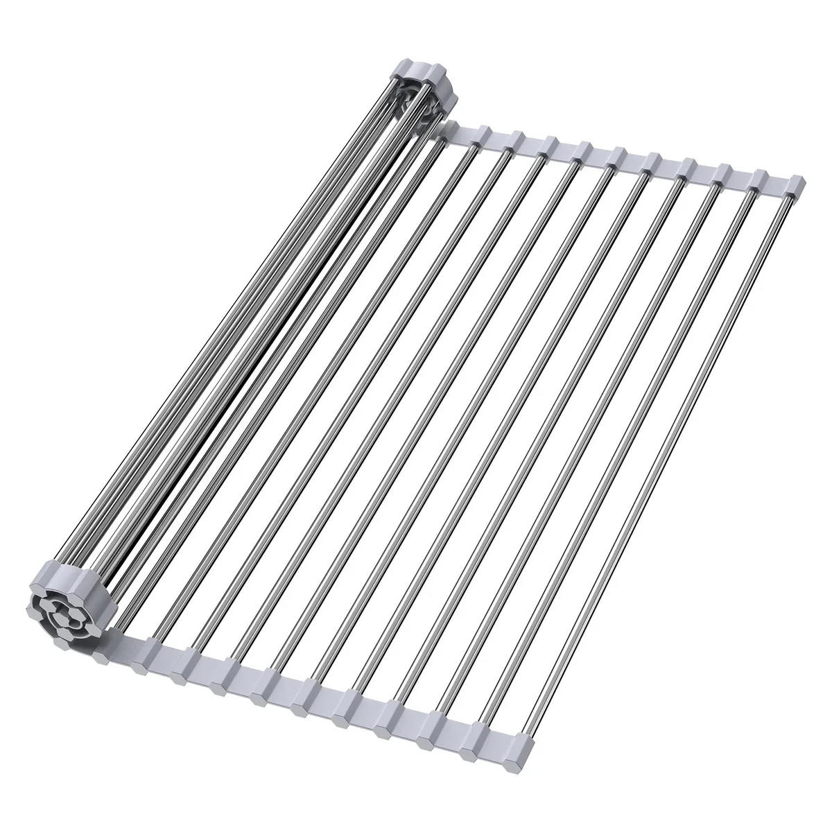Gray silicone-coated stainless steel roll-up rack with parallel rods, shown flat over a sink
