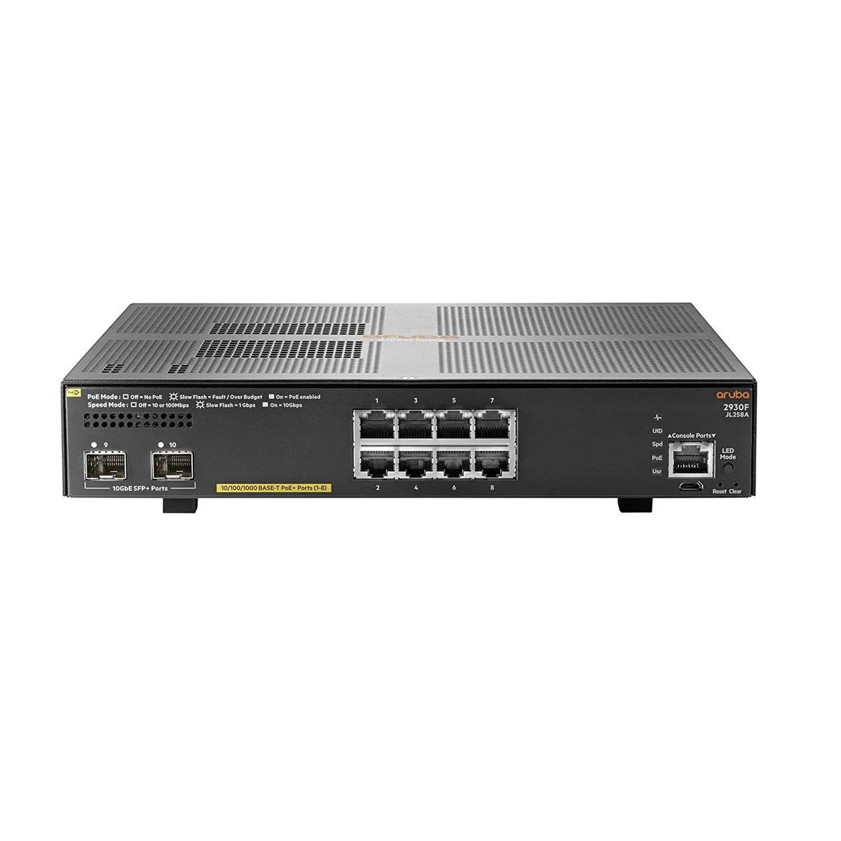 HPE HPE JL258A#ABA Aruba 2930F 8 Port PoE+ 2SFP+ network switch — product photo