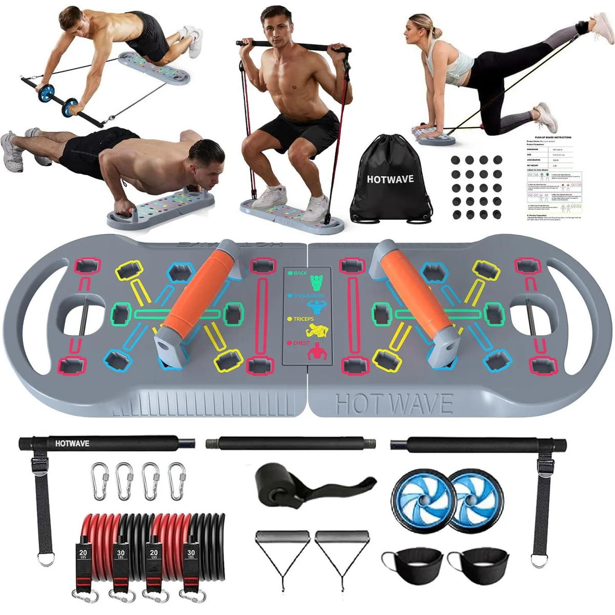 Black ABS push-up board with rubber grips and 16 accessories