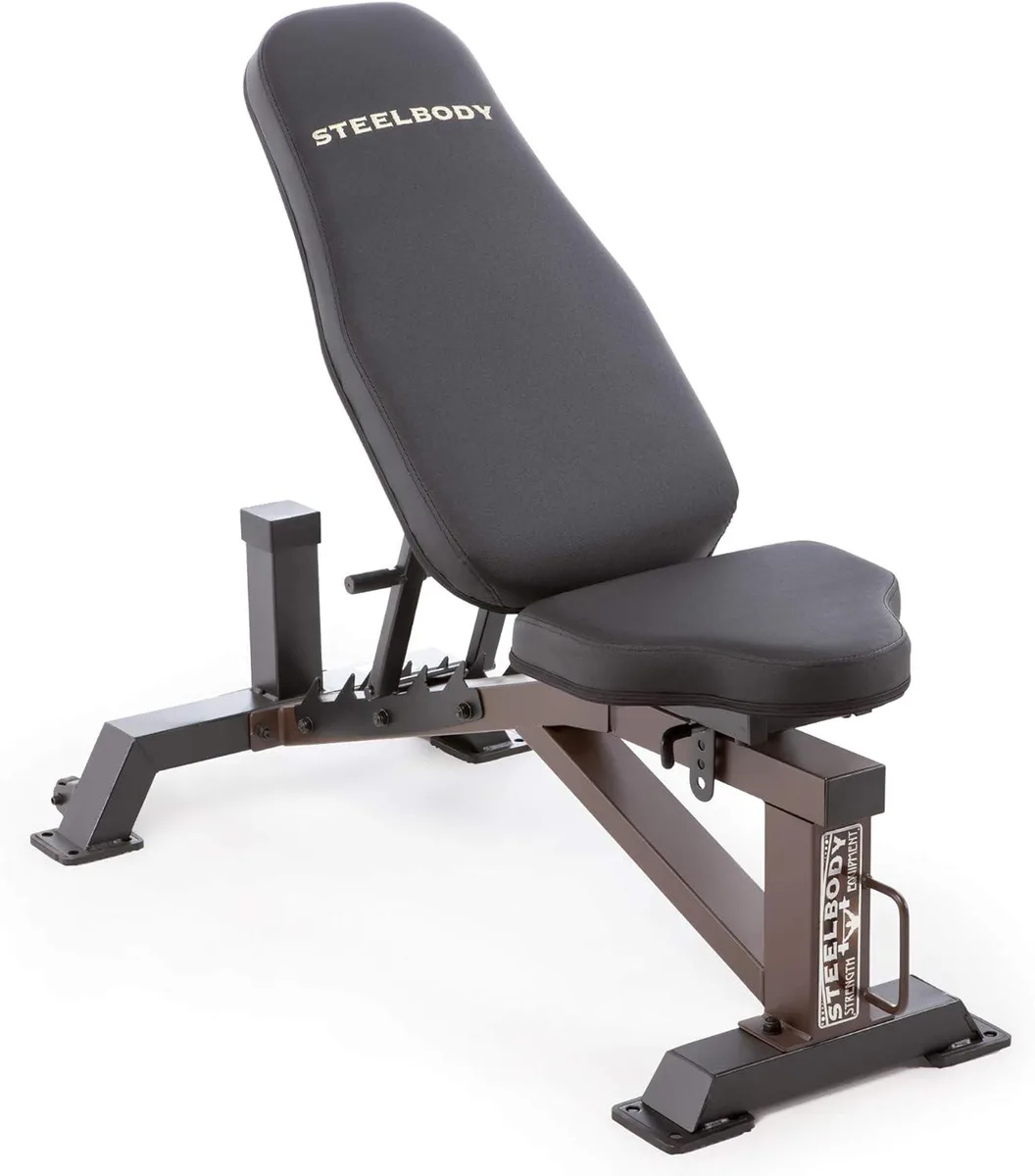 Black steel utility weight bench with adjustable padded backrest and seat, textured vinyl upholstery, rubber foot caps