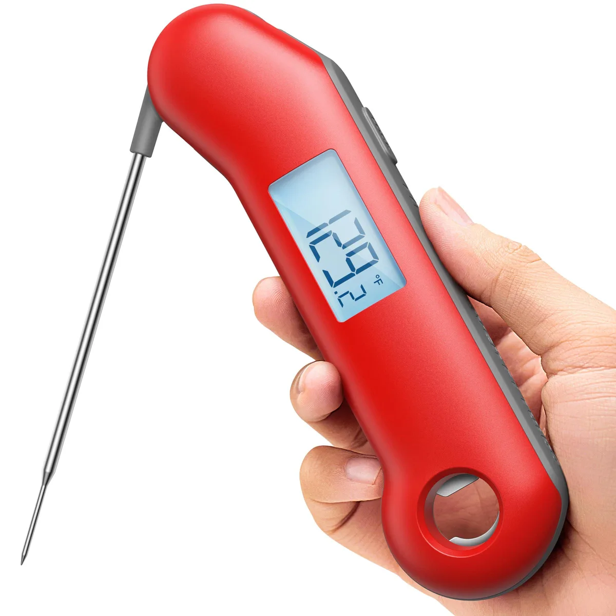 Red and gray digital instant-read thermometer with folding probe and anti-slip back mat