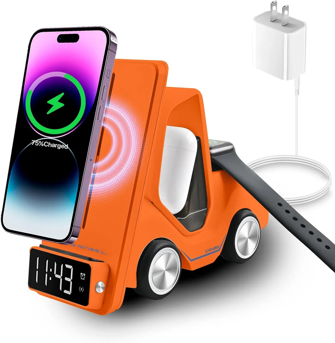 Orange forklift-style wireless charging stand with phone, watch, and earbud pads, digital clock display and LED nightlight