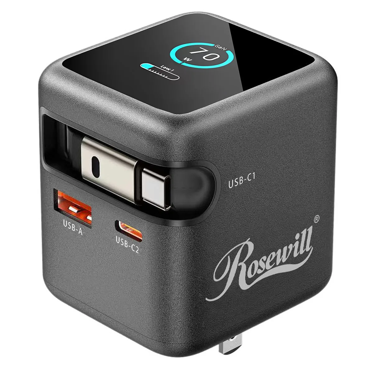 Rosewill Rosewill 70WRB01A_B 70W GaN usb charger with retractable cable and TFT display — product photo