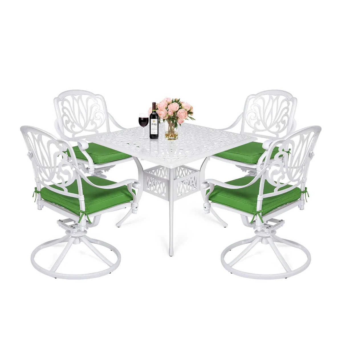 MEETWARM MEETWARM 5-Piece Patio Dining Set White 35.4" Table 4 Swivel Rocker Chairs — product photo