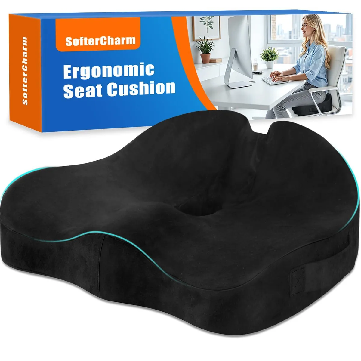 Ten small black ergonomic seat cushions with U-shaped cutout and plush covers