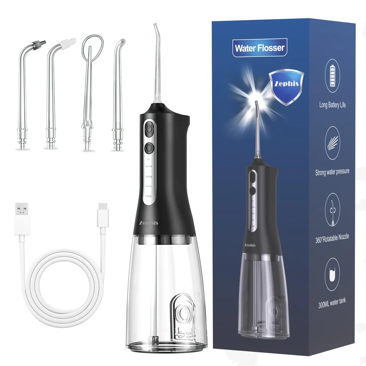 Cordless water flosser in amethyst finish with removable tank and four jet tips